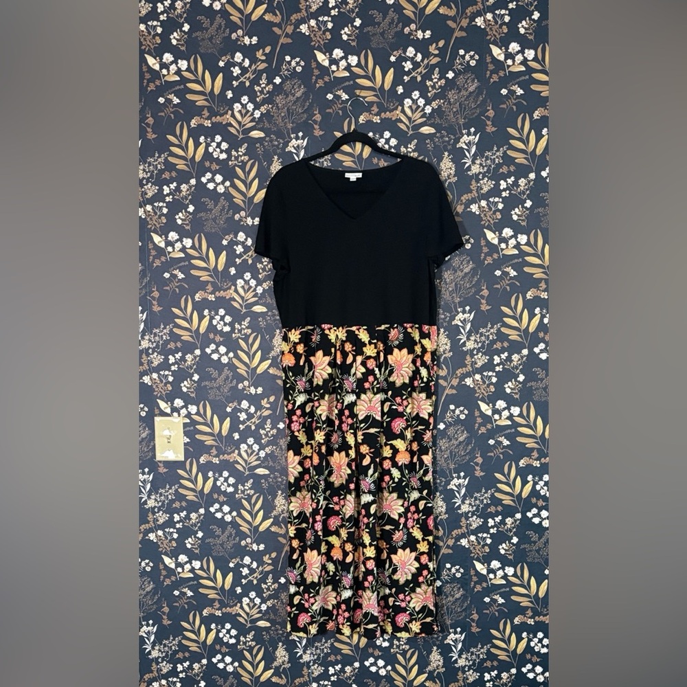 J. Jill Black and Floral Tropical Summer Mixed Media Maxi Dress Size L